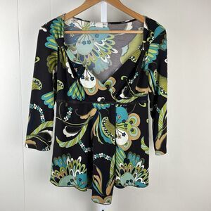 Vintage Dressbarn‎ Top Green Brown Floral Faux Wrap 90s Y2K Womens Medium